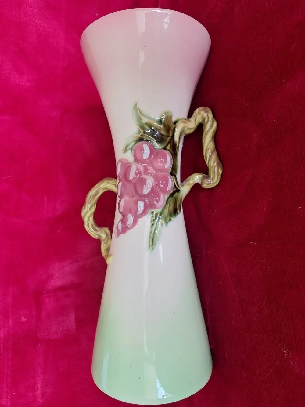 Hull Tokay Pink Green Vase #12 3D Grape Cluster Vine Handle 12
